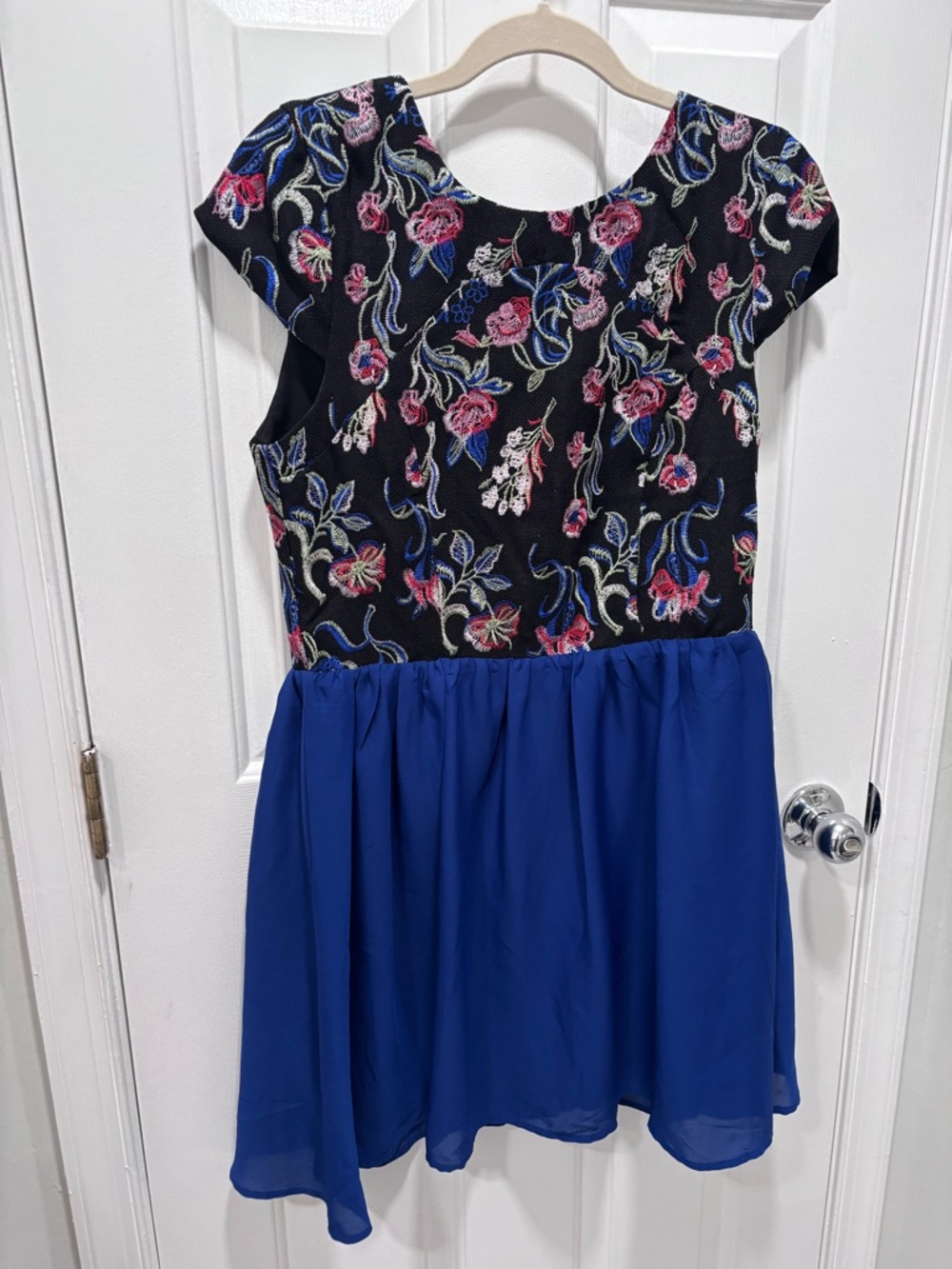 Alya Black Floral Embroidered Bodice with Royal Blue Skirt Mini Dress